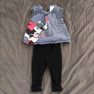 Minnie Mouse denim top and black leggings